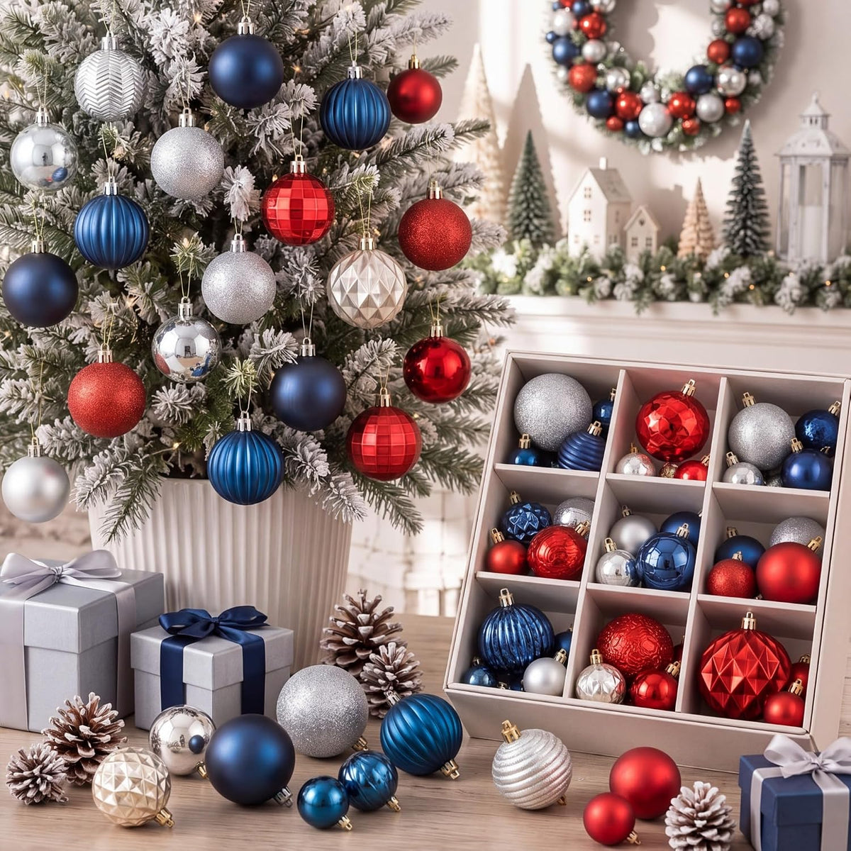 64 Pcs Neutral Christmas Ball Ornaments Brown Green White Xmas Bulbs | 1.57/1.97/2.36 Inch, Shatterproof Xmas Baubles, Assorted Size Modern Christmas Decoration, for Tree Home Indoor Holiday Decor