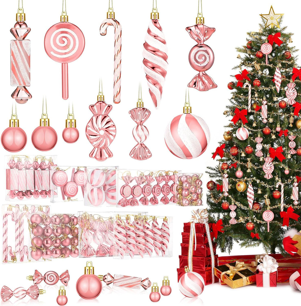 96 Pcs Christmas Tree Ornaments Colorful Candy Ball Ornament | Christmas Hanging Glitter Candy Cane Decorations， Christmas Tree Peppermint Swirl Lollipop Decorations, Xmas Party Tree Decor
