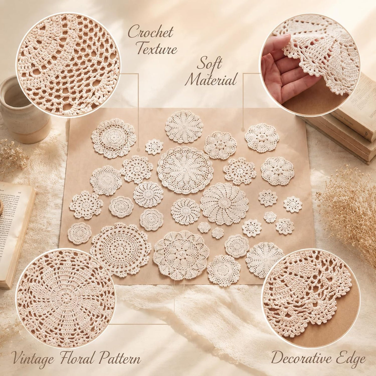 Irenare 24 Pcs Hand Crochet Lace Doilies Set 3 to 10 Inch Cotton Lace Doilies Vintage Round Floral Table Decor Placemats Coasters for Wedding Bridal Shower Boho Farmhouse Decoration