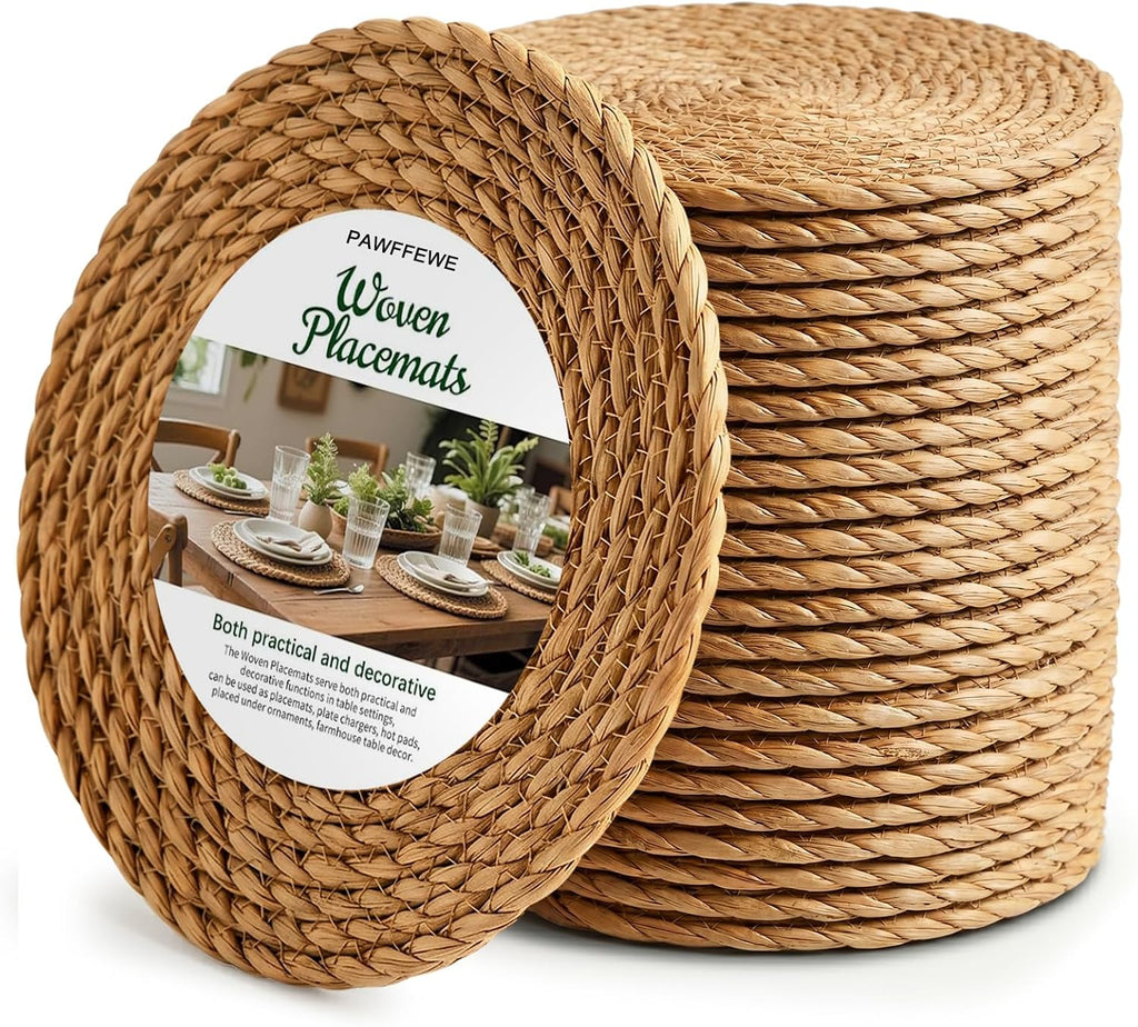 24 Pcs Woven Placemats - PAWFFEWE 13 in Round Natural Water Hyacinth Place Mats Coasters, Farmhouse Boho Straw Heat Resistant Outdoor Patio Rattan Wicker Table Mats for Dining Table,Home,Wedding