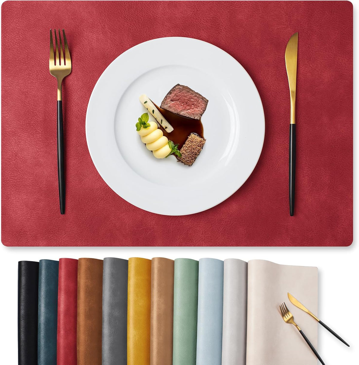 MOSAYT Fall Vinyl Faux Leather Placemats, Set of 6, Reddish Brown | Heat Resistant Table Place Mats, Waterproof Oil-proof, Non Slip, Wipeable, Reversible, For Kitchen, Dining, Party, 17x12