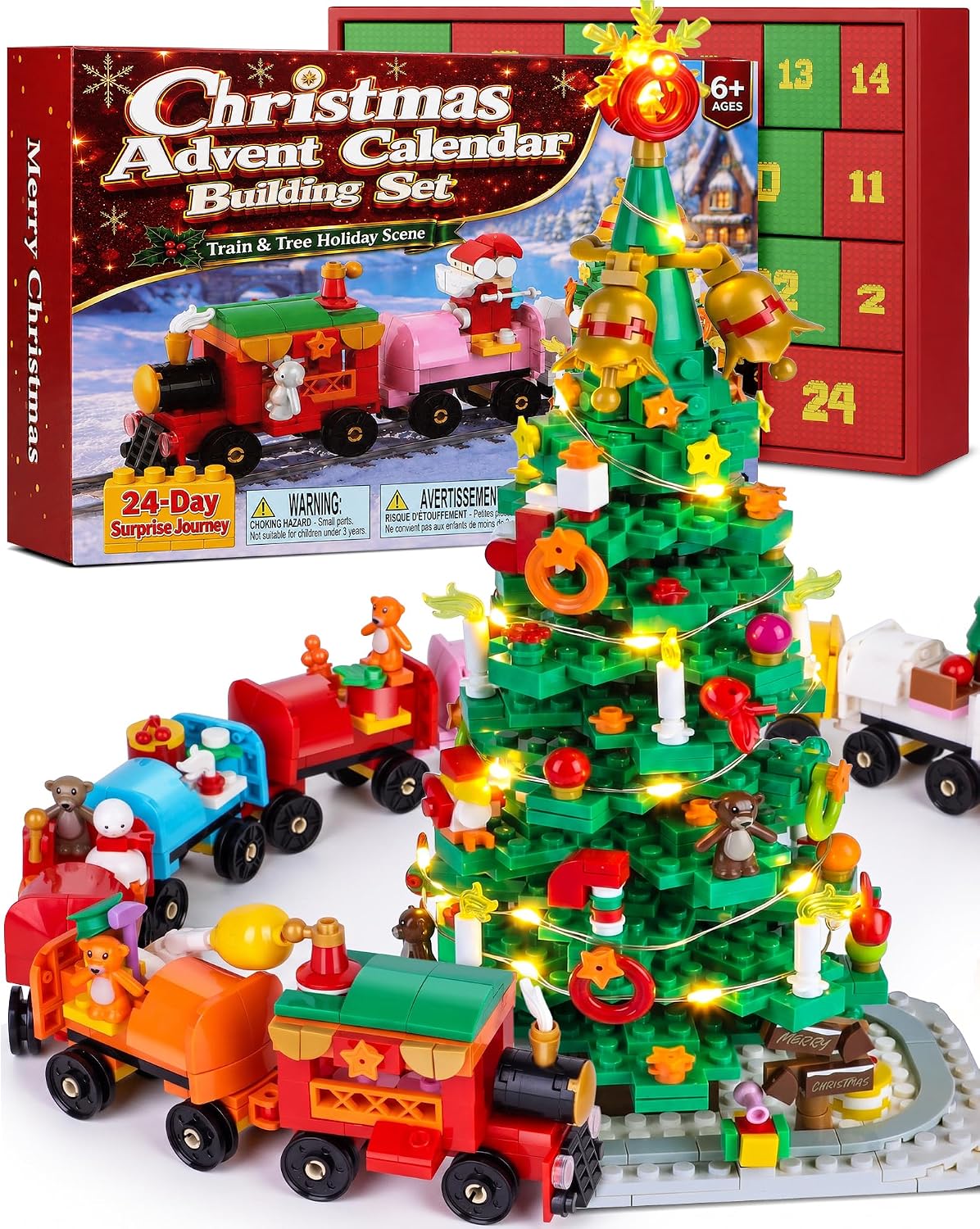 Christmas Tree and Train Advent Calendar 2026 for Kids Teens Adults | 1600 PCS Building Block Set with Warm Lights and an Interactive Map, Christmas Decor Holiday Gift for Boys and Girls