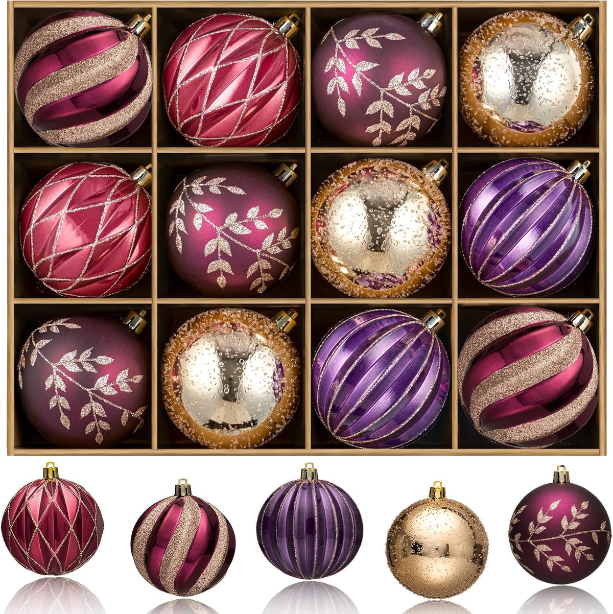 JORNOY Christmas Tree Ornaments Set of 12, 3.15inch/80MM Shatterproof Plastic Xmas Tree Ball Ornaments Bulk Decorative Hanging Baubles for Xmas Tree Decor Holiday Party Decorations, Earth Tone