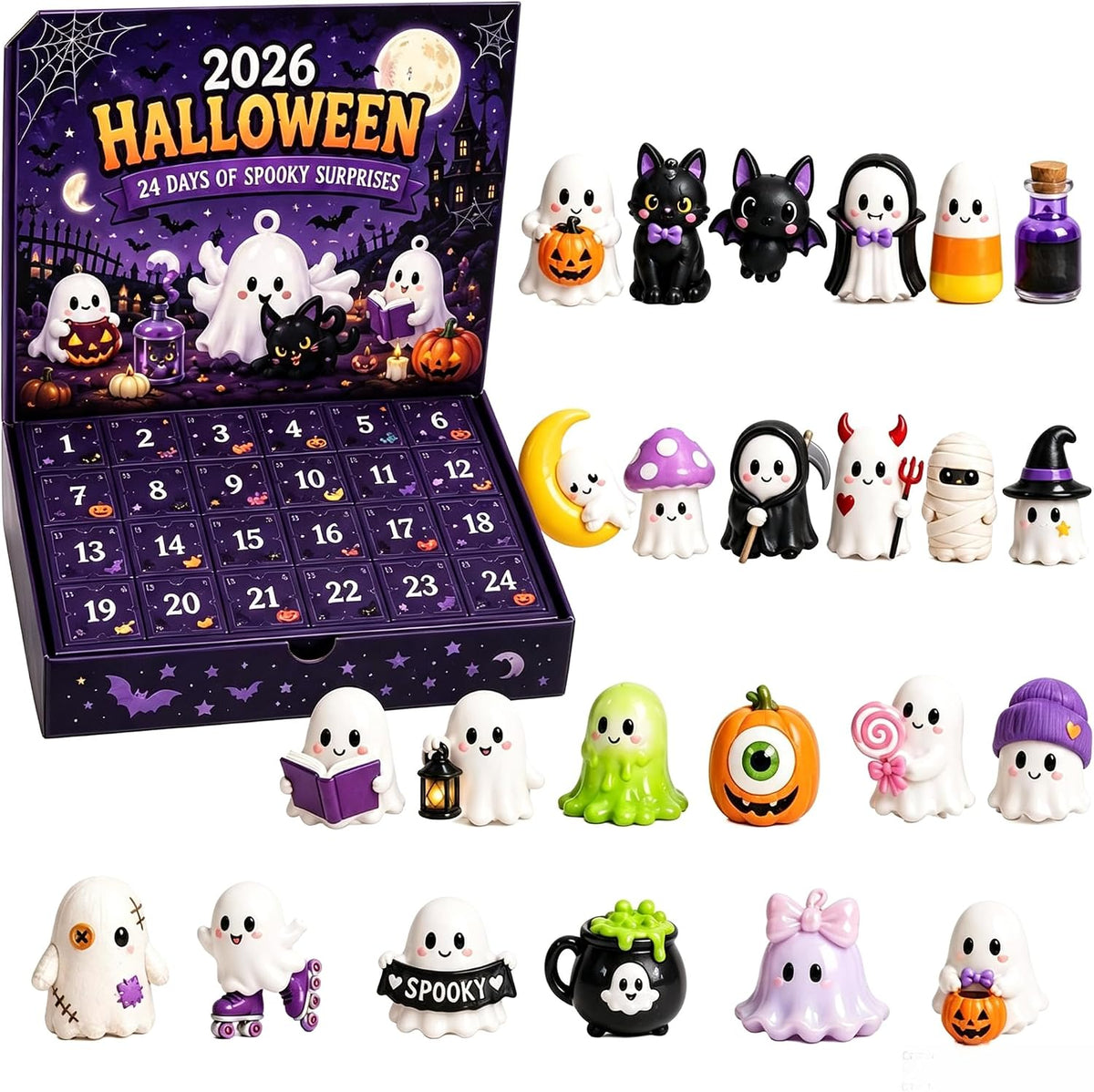 24pc 3D Resin Ghost Halloween Countdown Blind Box Calendar | 24 Days Surprise Countdown, Durable Resin Figurines, Gift For All Ages