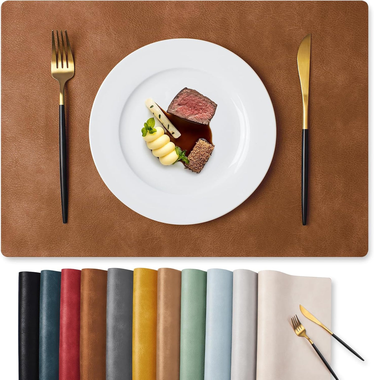 MOSAYT Fall Vinyl Faux Leather Placemats, Set of 6, Reddish Brown | Heat Resistant Table Place Mats, Waterproof Oil-proof, Non Slip, Wipeable, Reversible, For Kitchen, Dining, Party, 17x12