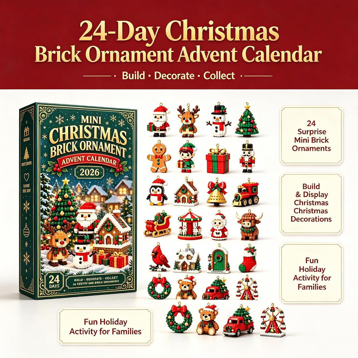 24-Day Mini Christmas Brick Ornament advent calendar 2026, 24 Unique Buildable Holiday Designs with Hanging Loops, DIY Building Set for Christmas Trees, Garlands, Mantels Festive Displays