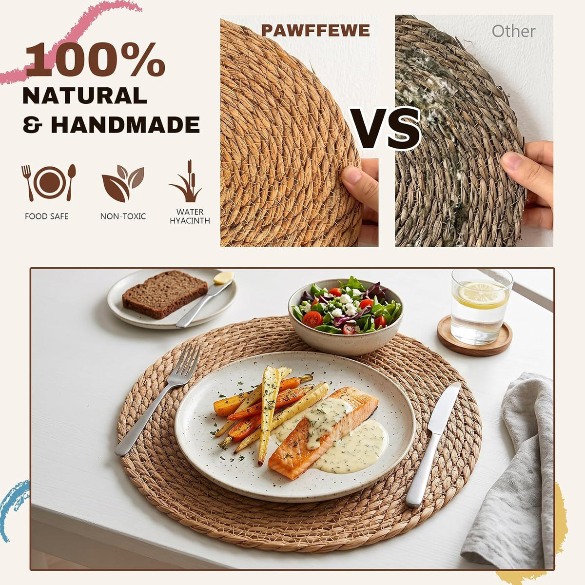 24 Pcs Woven Placemats - PAWFFEWE 13 in Round Natural Water Hyacinth Place Mats Coasters, Farmhouse Boho Straw Heat Resistant Outdoor Patio Rattan Wicker Table Mats for Dining Table,Home,Wedding