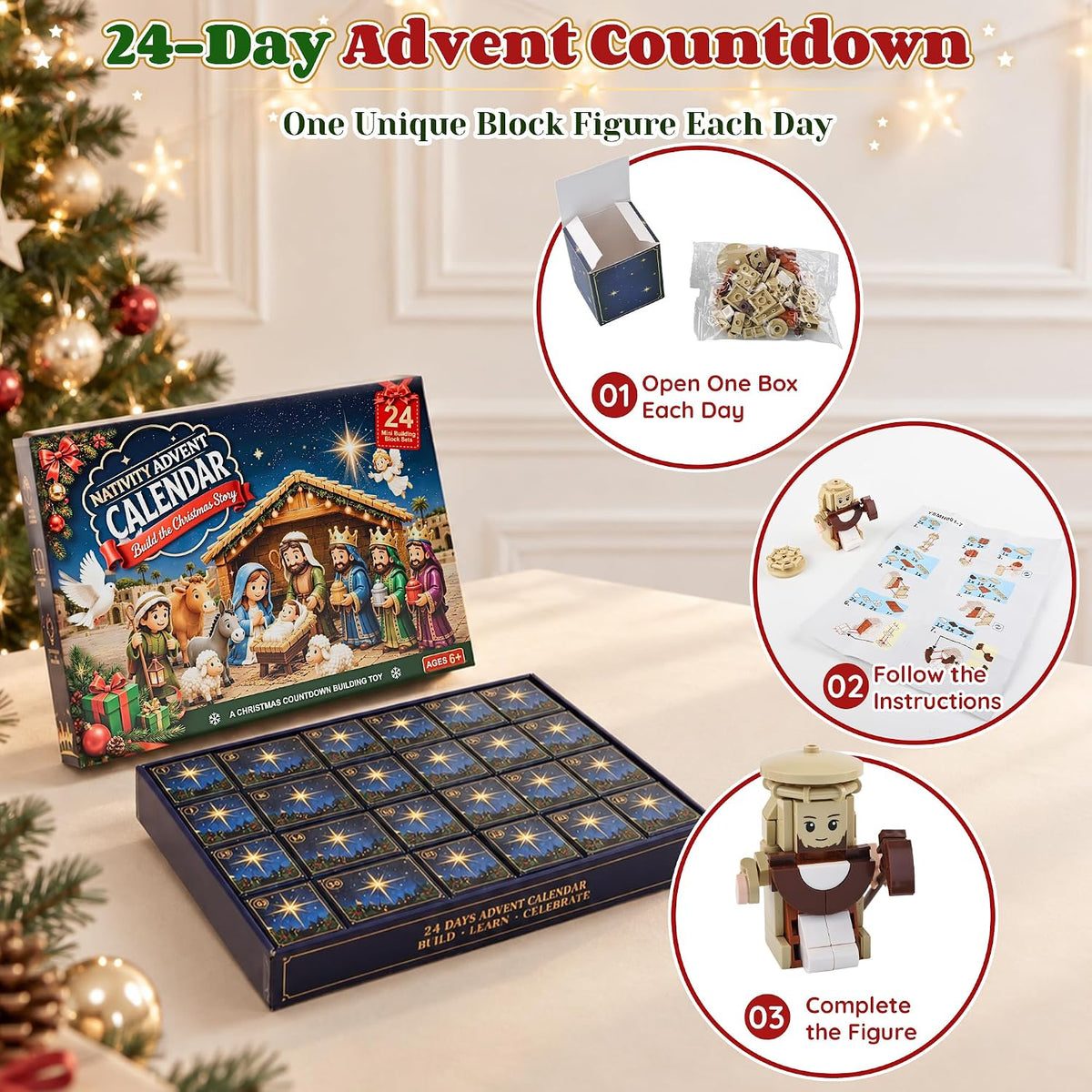 Nativity Advent Calendar 2026 Kids, 24-Day Christmas Building Blocks Set | Christmas Countdown Calendar for Kids, Nativity Scene with Holy Family, Meaningful Christmas Kids Gifts for Boys Girls Adults