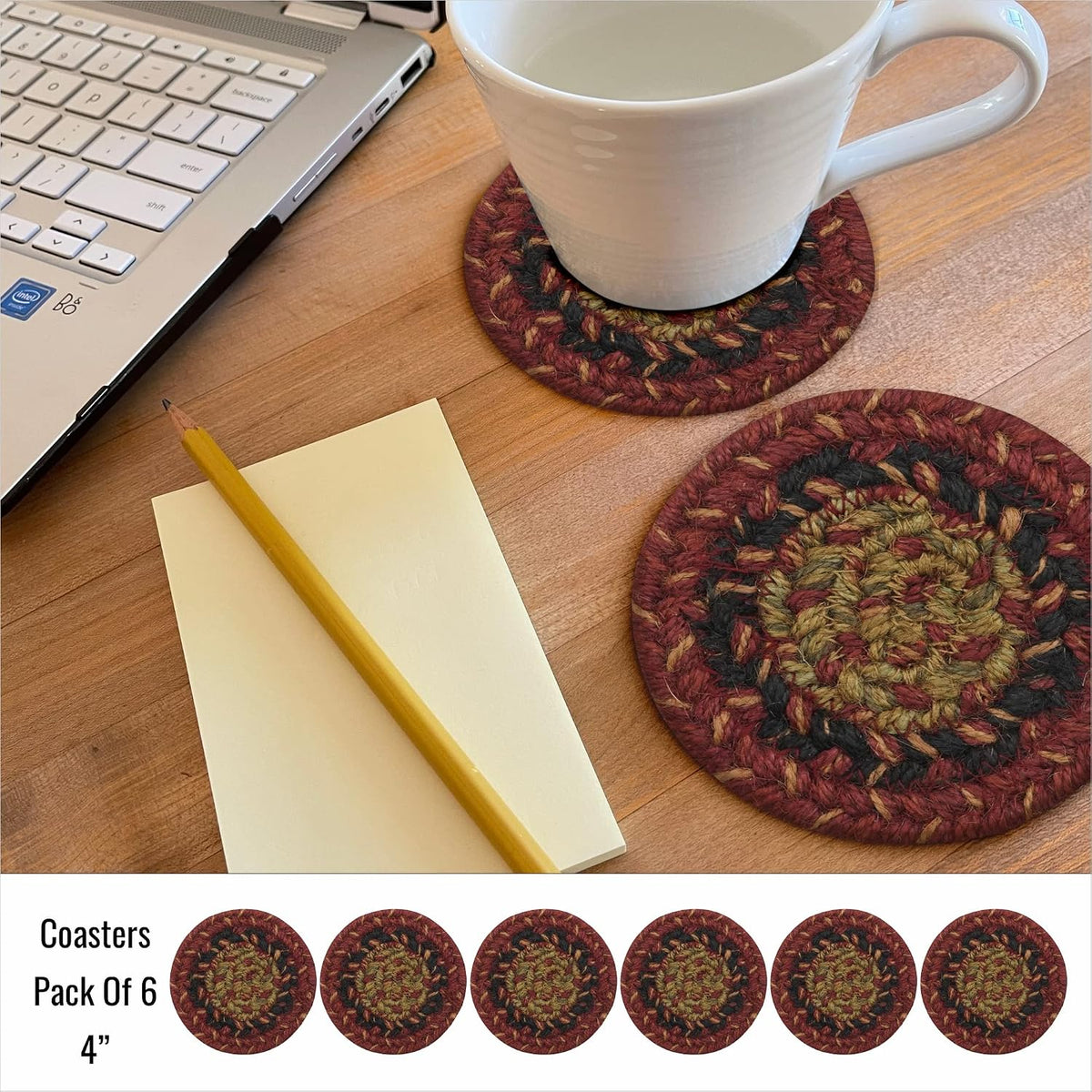 Homespice Apple Pie Braided Coasters for Country Decor, Round 4 Set of 6 | Red Absorbent Drink Coasters for Tabletop, Absorbs Moisture, Rich Colors, Durable and Easy to Clean