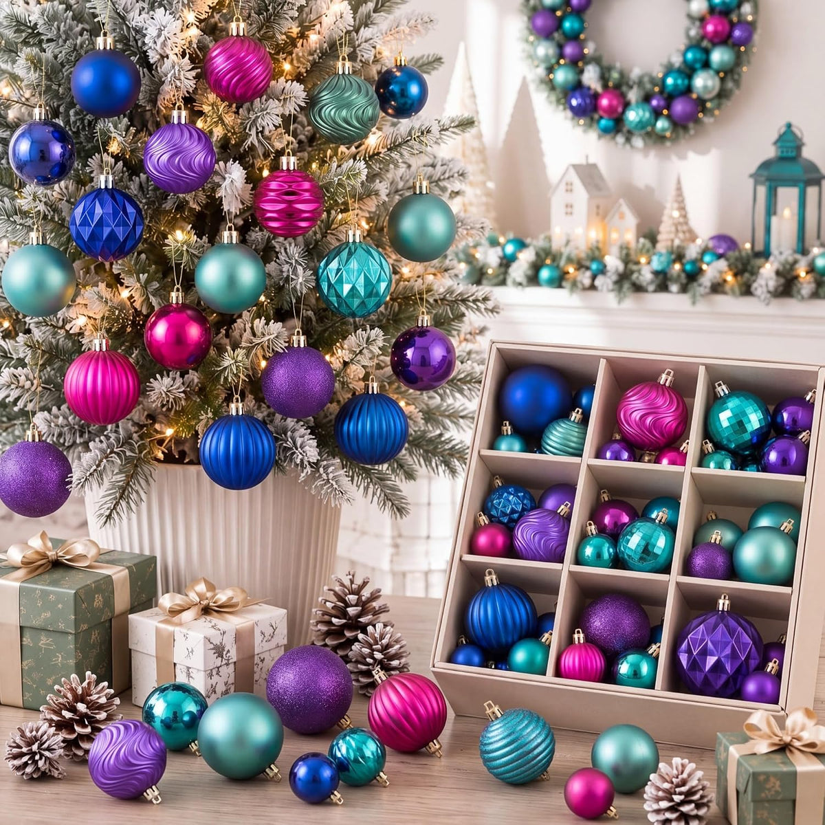 64 Pcs Neutral Christmas Ball Ornaments Brown Green White Xmas Bulbs | 1.57/1.97/2.36 Inch, Shatterproof Xmas Baubles, Assorted Size Modern Christmas Decoration, for Tree Home Indoor Holiday Decor