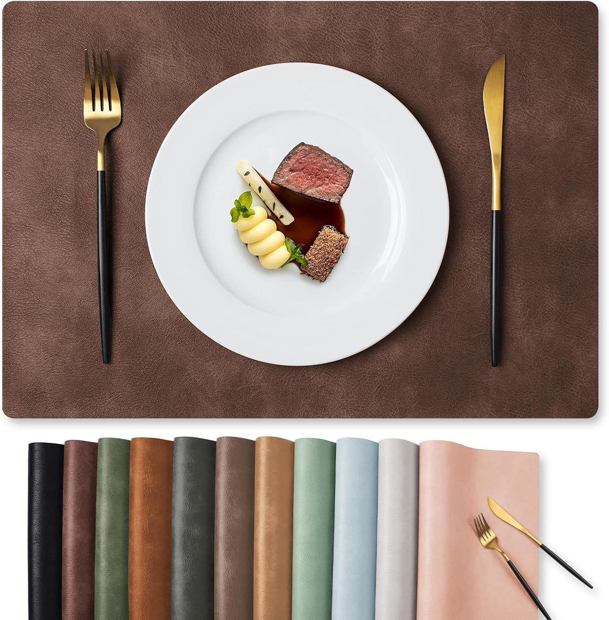 MOSAYT Fall Vinyl Faux Leather Placemats, Set of 6, Reddish Brown | Heat Resistant Table Place Mats, Waterproof Oil-proof, Non Slip, Wipeable, Reversible, For Kitchen, Dining, Party, 17x12