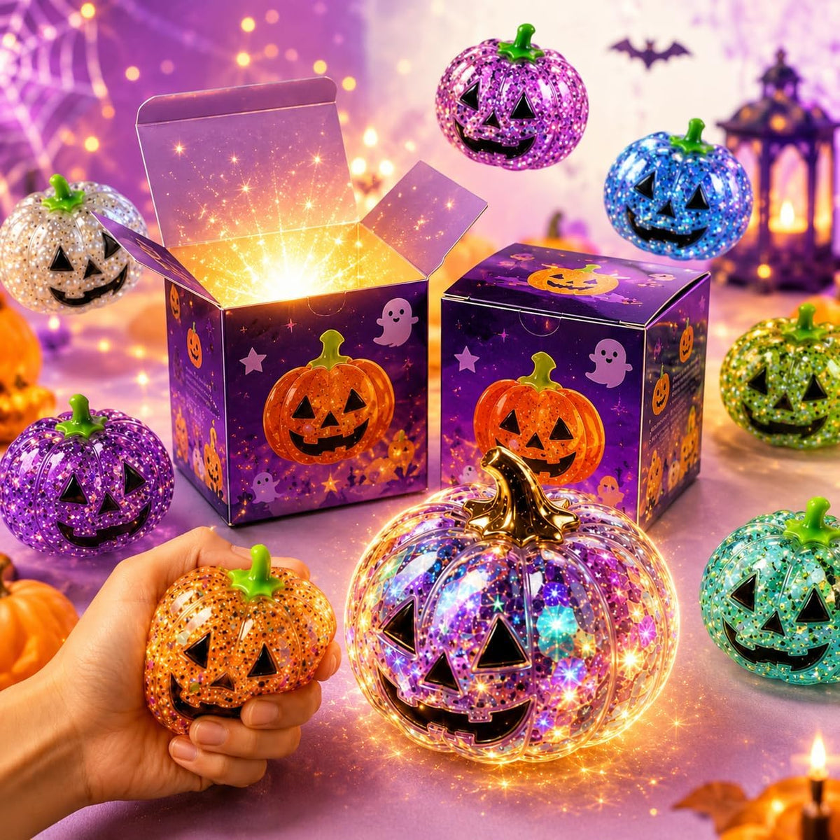 Halloween Pumpkin Squishy Mystery Box Surprise Squishy with Hidden Rare Glitter Edition, Soft Slow-Rising Sensory Fidget for Adults, Fun Collectible Gift for Fall & Halloween，5 ＰＣＳ
