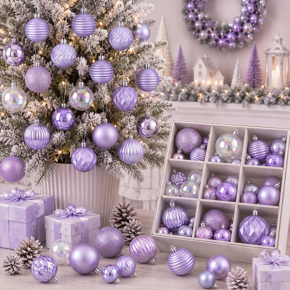 64 Pcs Neutral Christmas Ball Ornaments Brown Green White Xmas Bulbs | 1.57/1.97/2.36 Inch, Shatterproof Xmas Baubles, Assorted Size Modern Christmas Decoration, for Tree Home Indoor Holiday Decor