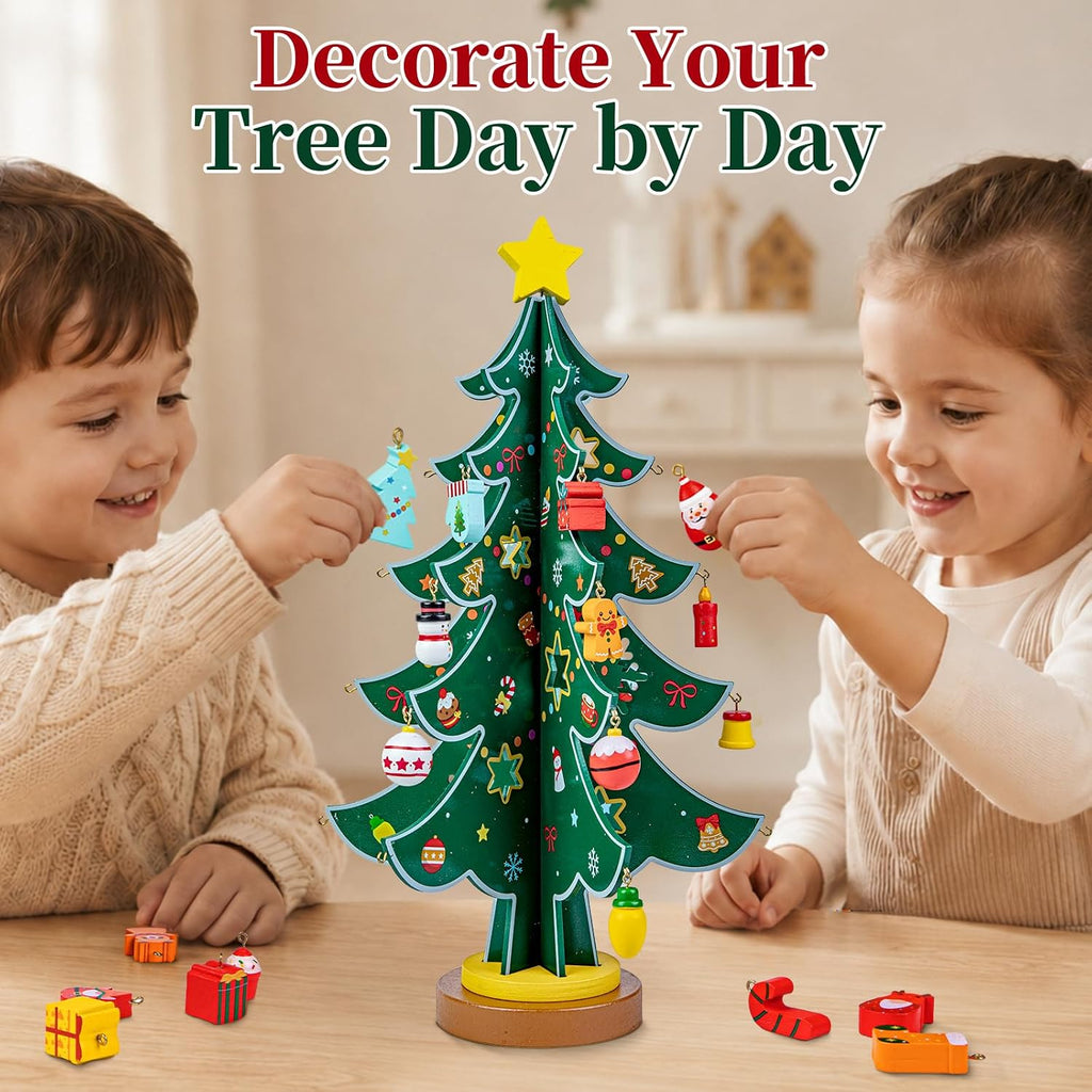 Christmas Tree Advent Calendar 2026 for Kids Adults, 24 Day Countdown Gift | Decorate a Wooden Christmas Tree with Colorful LED Lights, 24 Ornaments, Sturdy Base, Fine Craftsmanship and Xmas Gift Ready
