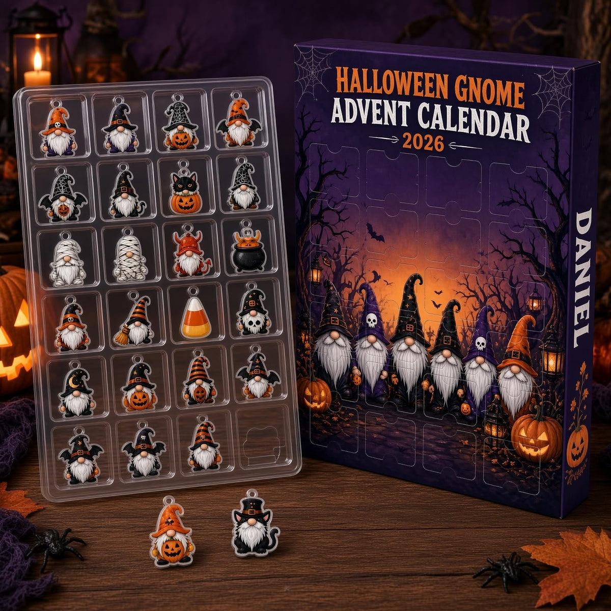 Halloween Advent Calendar 2026, Dark Goth Graveyard Countdown | 24 compartments, 3 mm acrylic or wood charms, UV printed, hanging strings, reusable countdown box