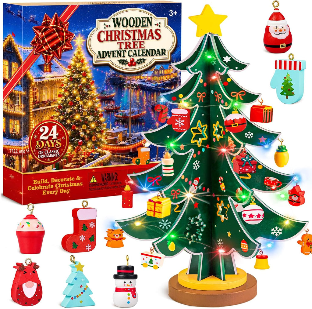 Christmas Tree Advent Calendar 2026 for Kids Adults, 24 Day Countdown Gift | Decorate a Wooden Christmas Tree with Colorful LED Lights, 24 Ornaments, Sturdy Base, Fine Craftsmanship and Xmas Gift Ready