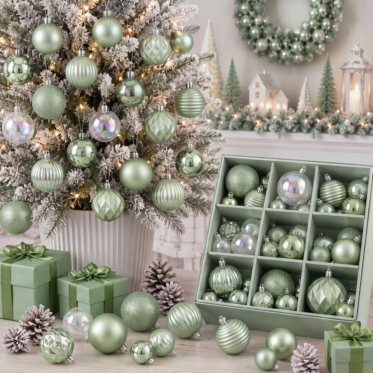 64 Pcs Neutral Christmas Ball Ornaments Brown Green White Xmas Bulbs | 1.57/1.97/2.36 Inch, Shatterproof Xmas Baubles, Assorted Size Modern Christmas Decoration, for Tree Home Indoor Holiday Decor