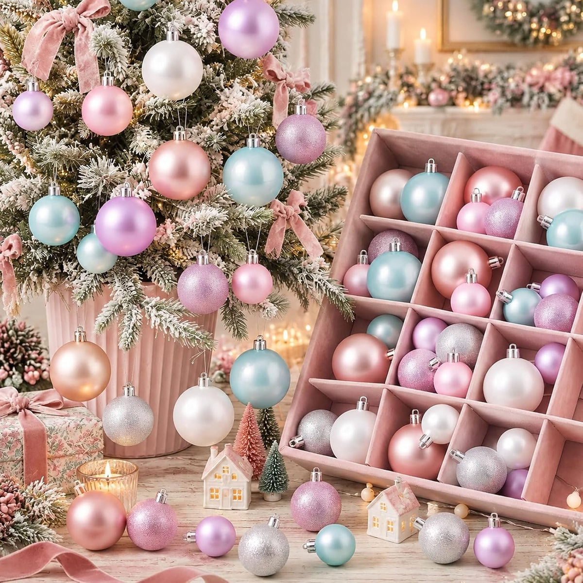 64 Pcs Neutral Christmas Ball Ornaments Brown Green White Xmas Bulbs | 1.57/1.97/2.36 Inch, Shatterproof Xmas Baubles, Assorted Size Modern Christmas Decoration, for Tree Home Indoor Holiday Decor