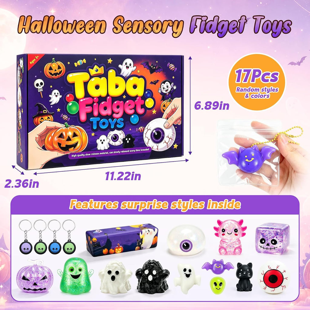 17Pcs Halloween Squishy Toys Kit, Slow Squeeze Squishies Fidget Toys Set | Spooky Stress Relief Sensory Toys, Squishy Box Surprise Squishy Fun Box Set for Halloween Trick Or Treat