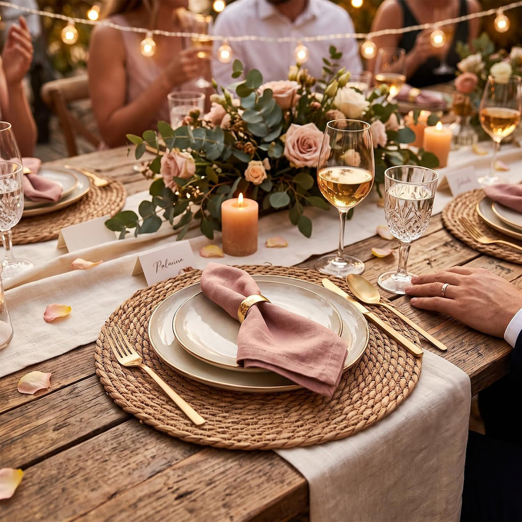 24 Pcs Woven Placemats - PAWFFEWE 13 in Round Natural Water Hyacinth Place Mats Coasters, Farmhouse Boho Straw Heat Resistant Outdoor Patio Rattan Wicker Table Mats for Dining Table,Home,Wedding