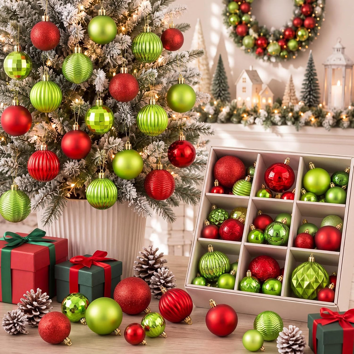 64 Pcs Neutral Christmas Ball Ornaments Brown Green White Xmas Bulbs | 1.57/1.97/2.36 Inch, Shatterproof Xmas Baubles, Assorted Size Modern Christmas Decoration, for Tree Home Indoor Holiday Decor