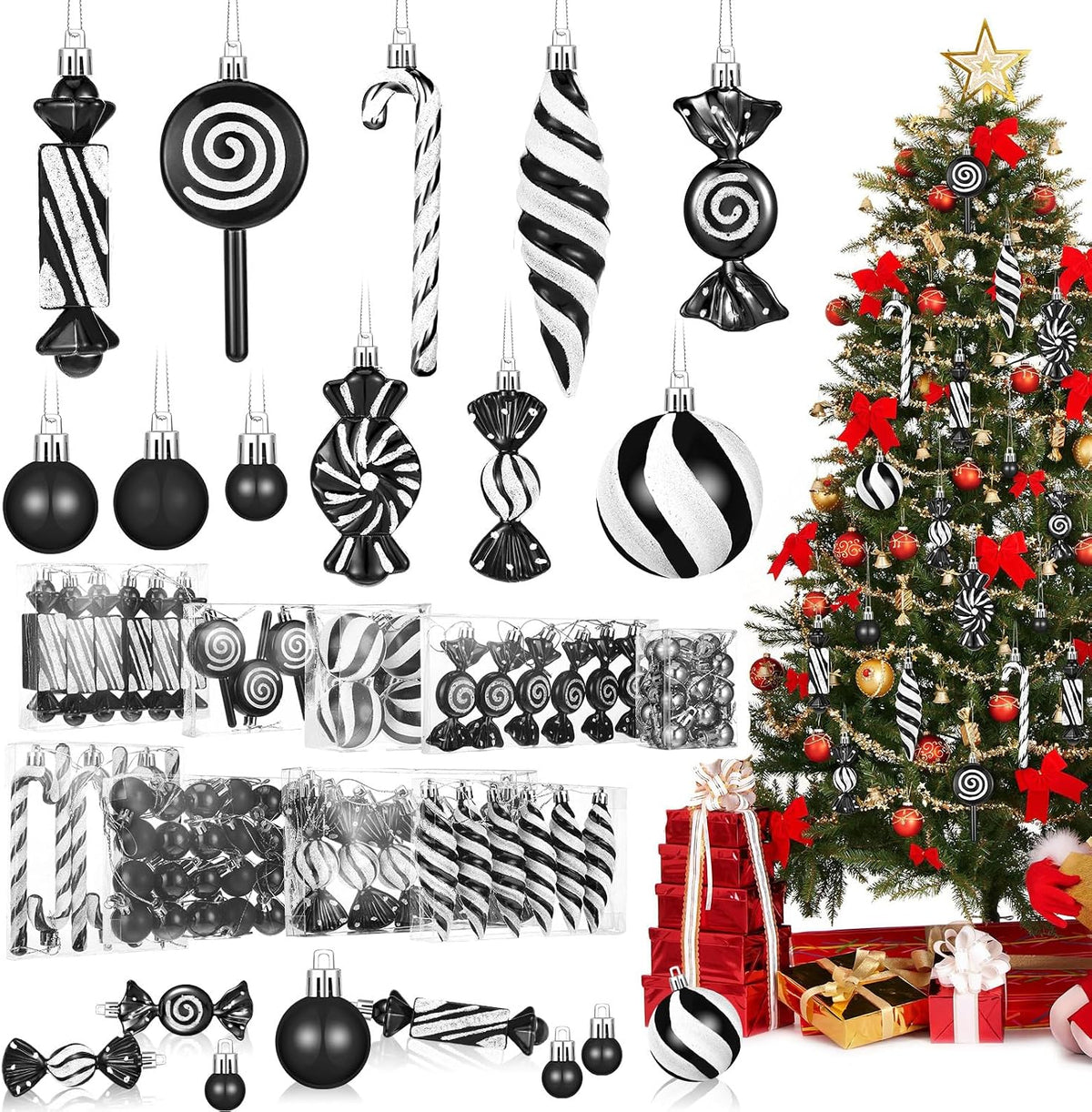 96 Pcs Christmas Tree Ornaments Colorful Candy Ball Ornament | Christmas Hanging Glitter Candy Cane Decorations， Christmas Tree Peppermint Swirl Lollipop Decorations, Xmas Party Tree Decor