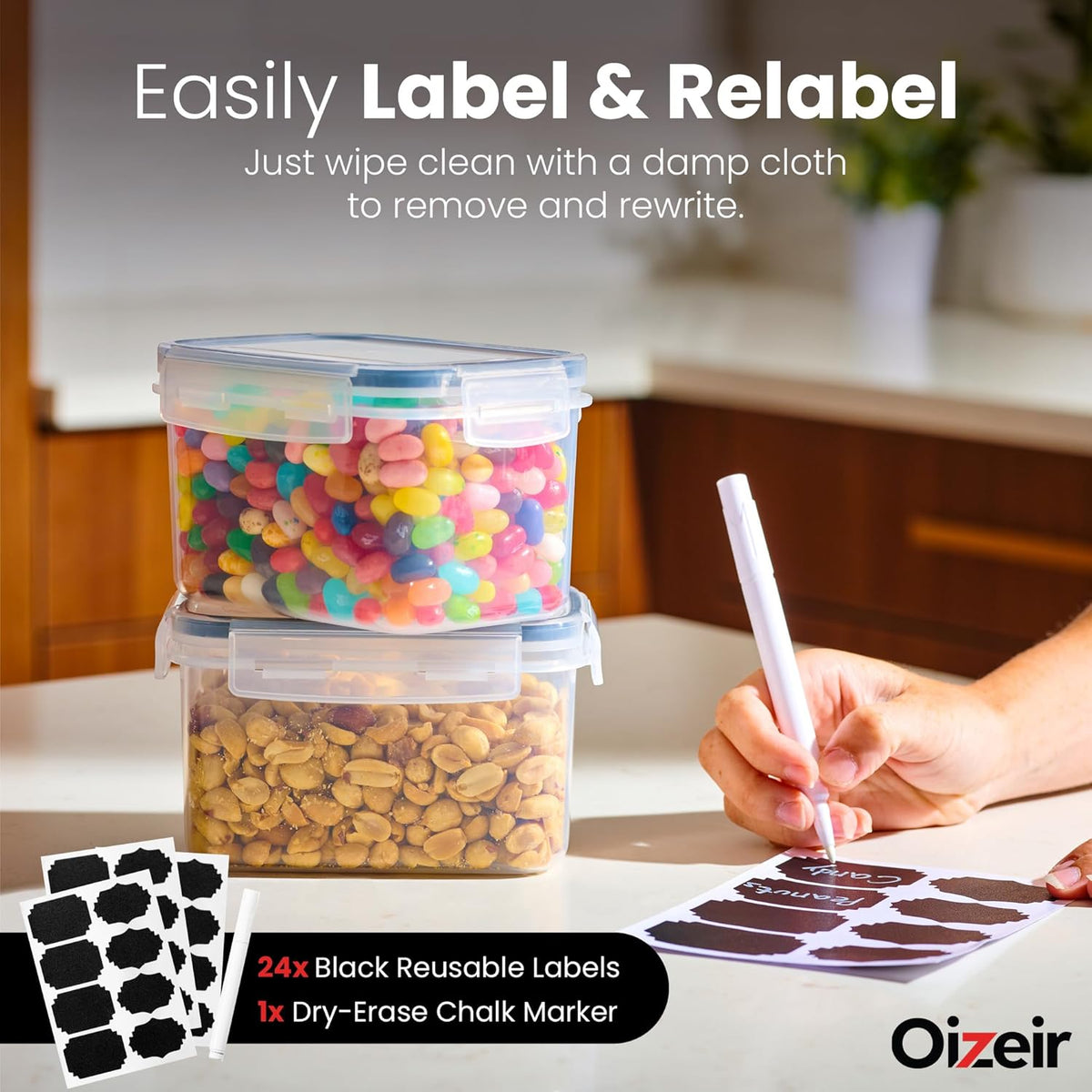 Oizeir Airtight Food Storage Containers with Lids 24-Pack, Pantry Kitchen | BPA-Free Airtight Plastic Food Containers, Snap Lids for Pantry Kitchen, Flour Sugar Rice Cereal Pasta, Clear