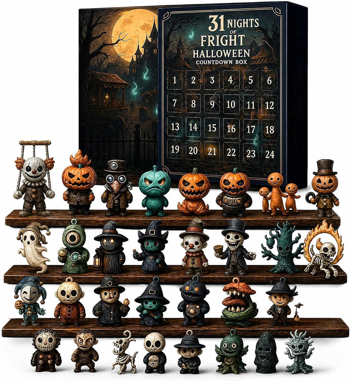 2026 Halloween 24 Days Spooky Countdown Blind Box, 24 Nights of Fright Mini Collectible Figurines, Halloween Desktop Decor Ornament Gift Box (f)