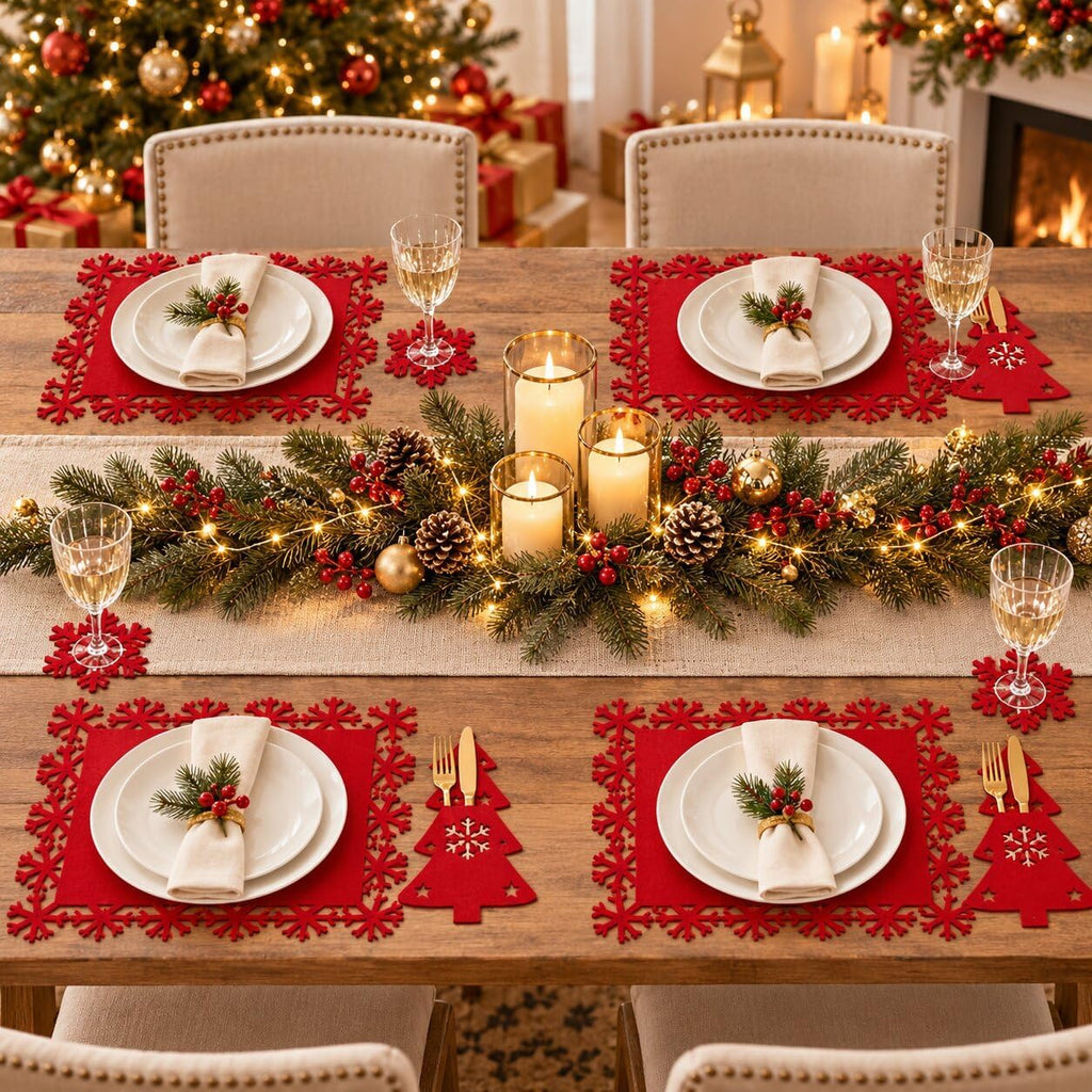24 Pcs Red and Green Christmas Felt Place Mats and Coasters Set | Snowflake Table Mats with Laser Cut Design, Heat Resistant Non Slip Dining Table Decor for Winter Holiday Dinner Party