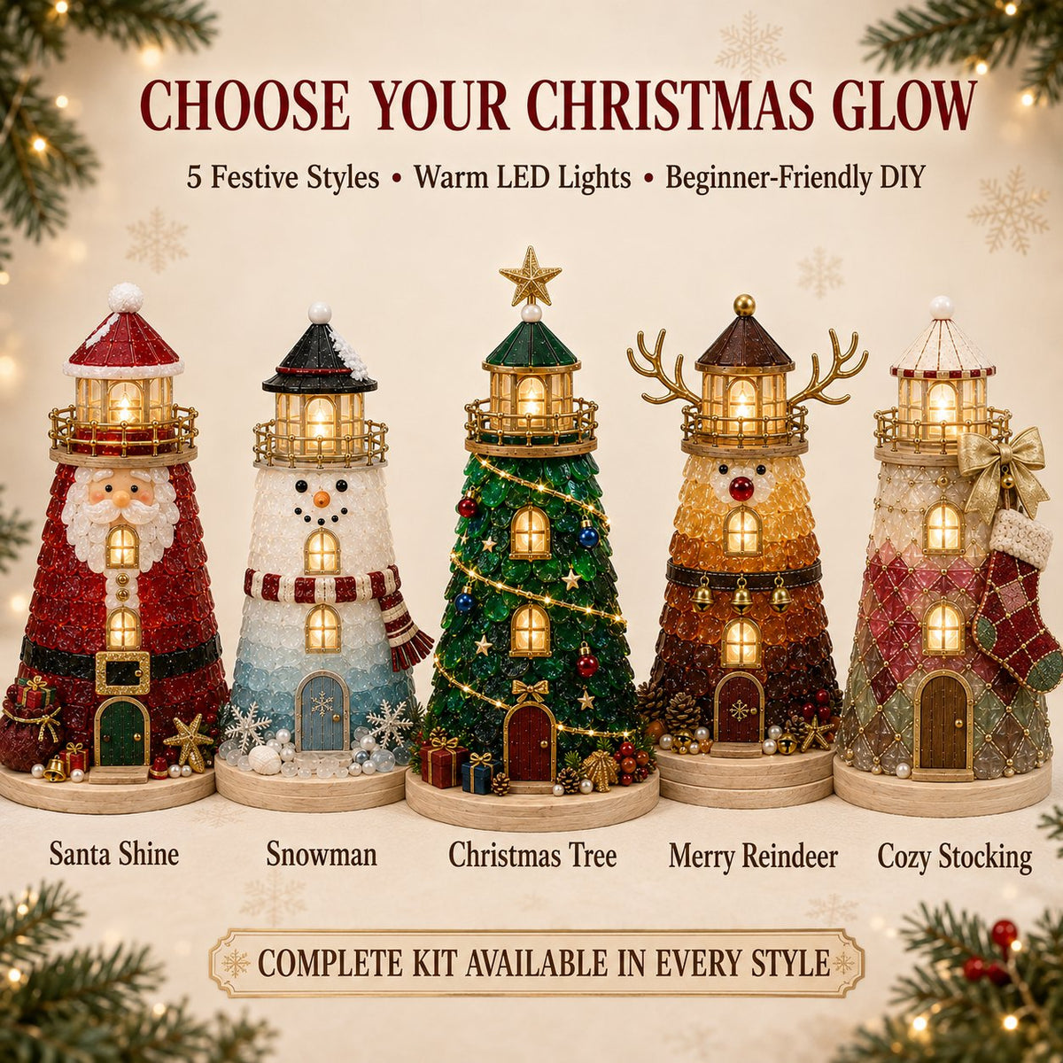 🎄Christmas Character Sea Glass-Style Lighthouse Kit Collection | Complete Kit with Sea Glass-Style Pieces, LED Lights & Step-by-Step Guide Included 💕