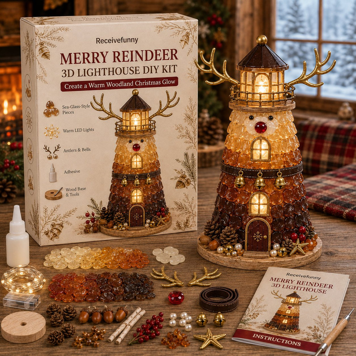 🎄Christmas Character Sea Glass-Style Lighthouse Kit Collection | Complete Kit with Sea Glass-Style Pieces, LED Lights & Step-by-Step Guide Included 💕