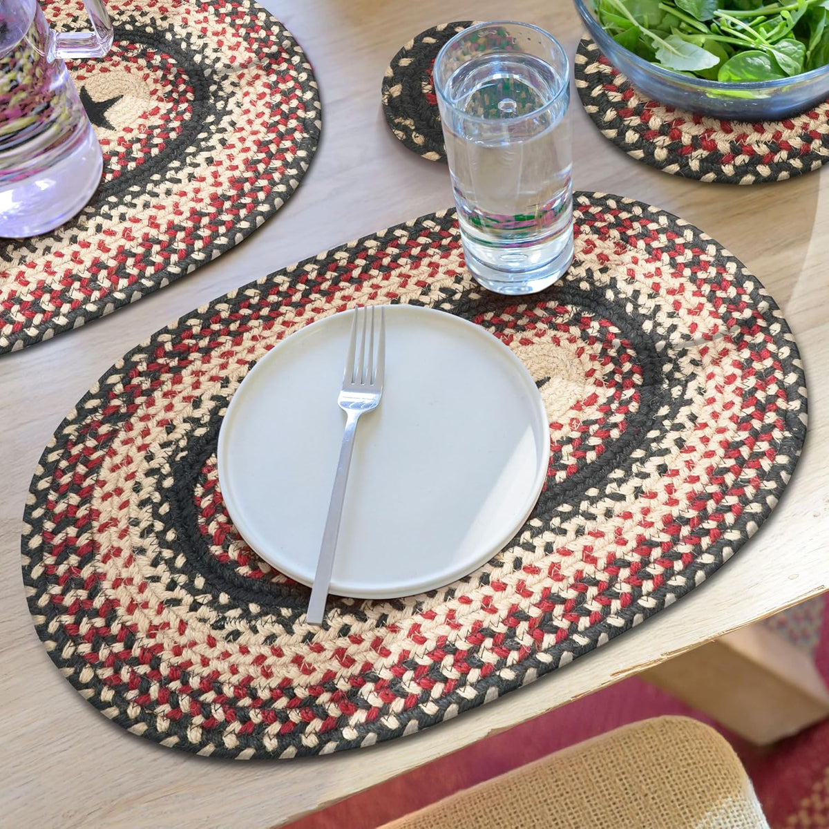 Homespice Apple Pie Braided Coasters for Country Decor, Round 4 Set of 6 | Red Absorbent Drink Coasters for Tabletop, Absorbs Moisture, Rich Colors, Durable and Easy to Clean