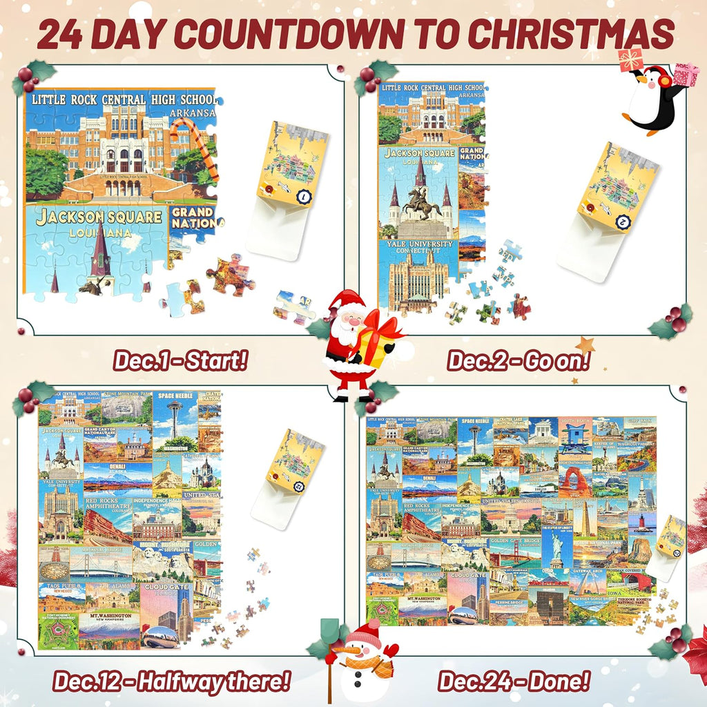 50 States & Washington, D.C. Puzzle Advent Calendar 2026, 1008 Pieces U.S. Iconic Landmarks Jigsaw Puzzles, Countdown to Christmas Travel Poster Design Puzzle for Adults/Kids