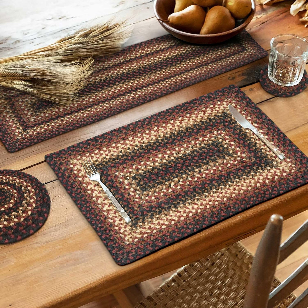 Homespice Apple Pie Braided Coasters for Country Decor, Round 4 Set of 6 | Red Absorbent Drink Coasters for Tabletop, Absorbs Moisture, Rich Colors, Durable and Easy to Clean