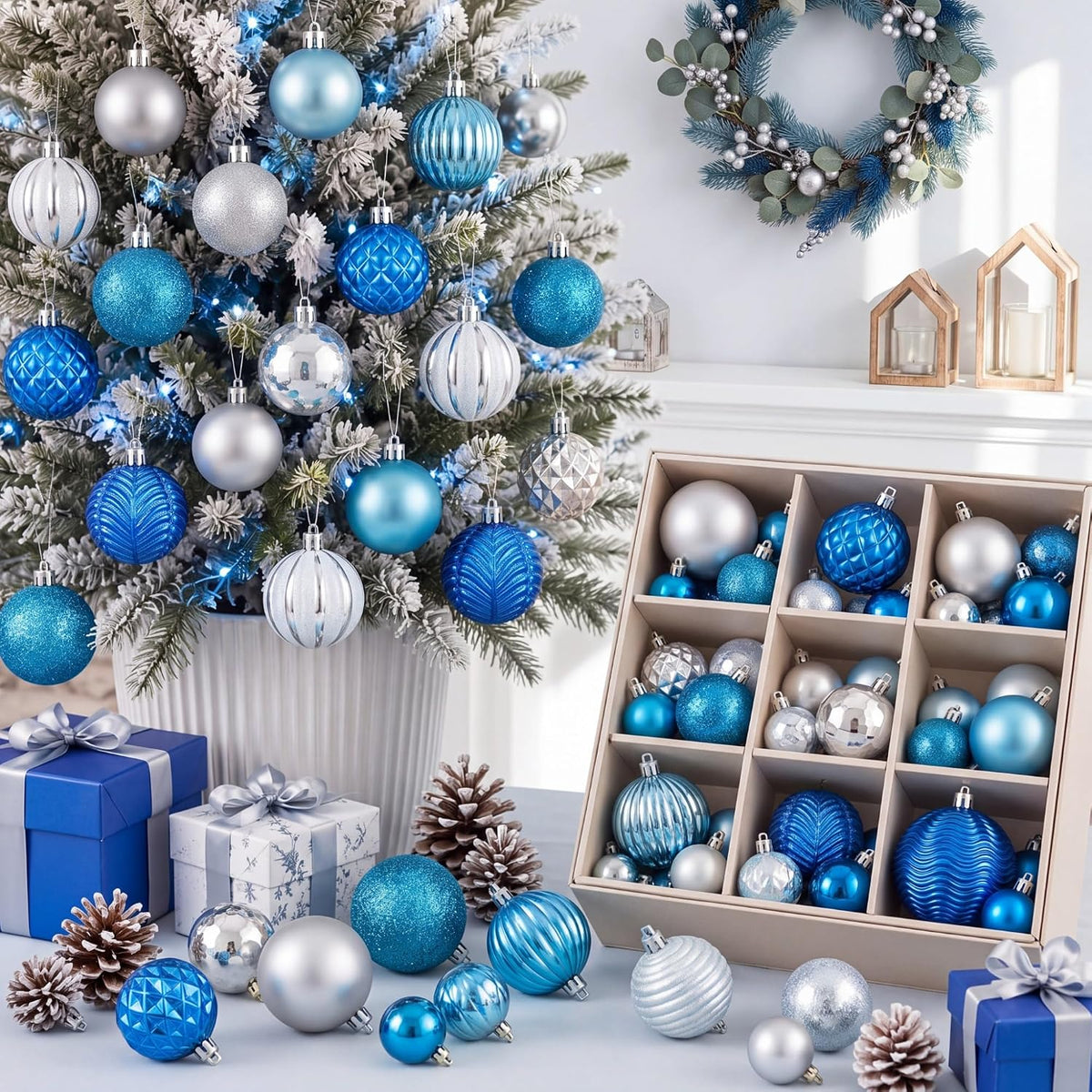 64 Pcs Neutral Christmas Ball Ornaments Brown Green White Xmas Bulbs | 1.57/1.97/2.36 Inch, Shatterproof Xmas Baubles, Assorted Size Modern Christmas Decoration, for Tree Home Indoor Holiday Decor