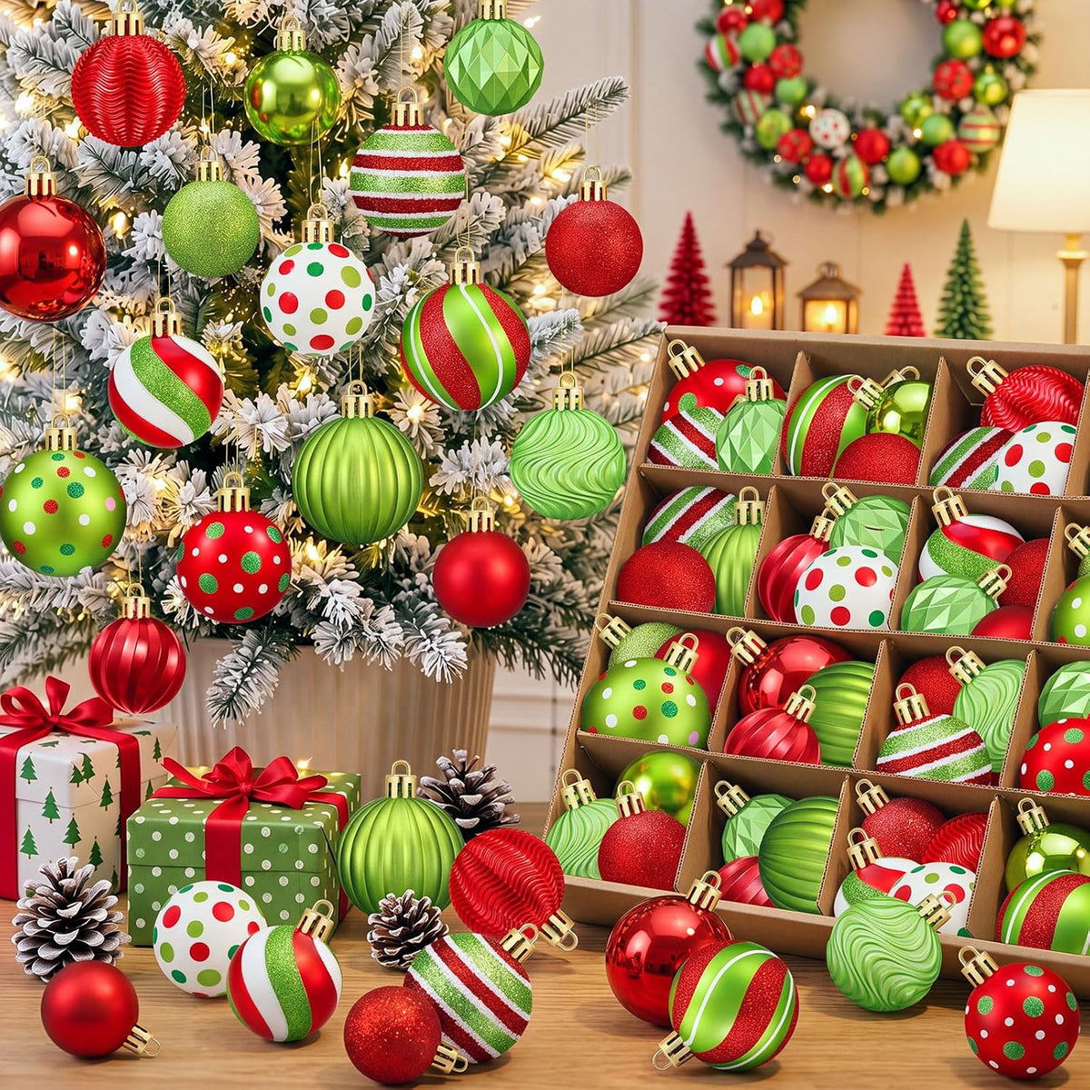 64 Pcs Neutral Christmas Ball Ornaments Brown Green White Xmas Bulbs | 1.57/1.97/2.36 Inch, Shatterproof Xmas Baubles, Assorted Size Modern Christmas Decoration, for Tree Home Indoor Holiday Decor