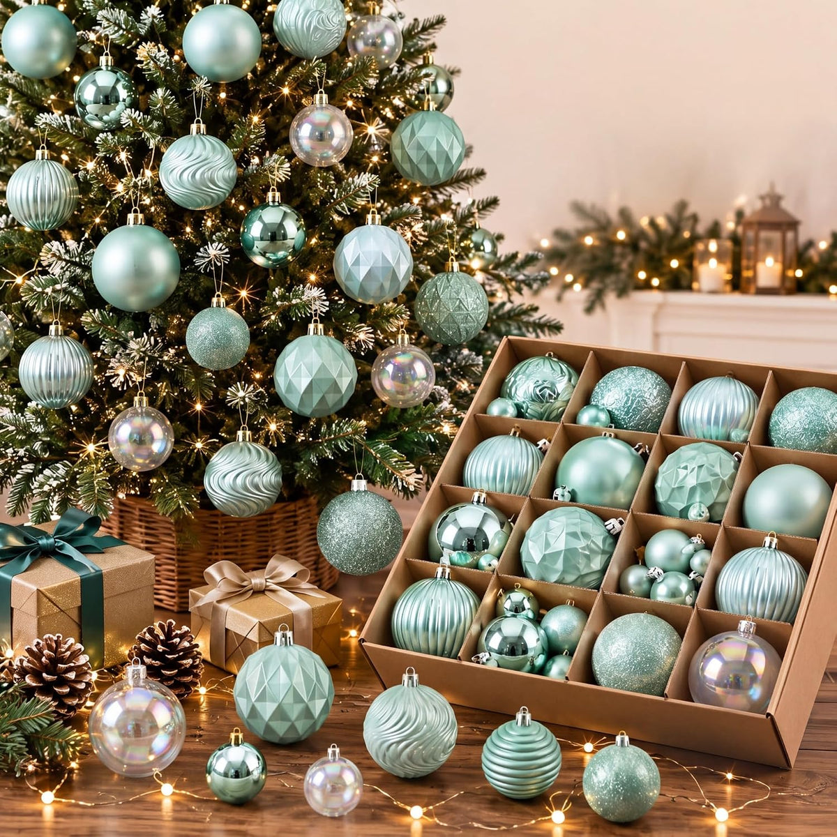 64 Pcs Neutral Christmas Ball Ornaments Brown Green White Xmas Bulbs | 1.57/1.97/2.36 Inch, Shatterproof Xmas Baubles, Assorted Size Modern Christmas Decoration, for Tree Home Indoor Holiday Decor