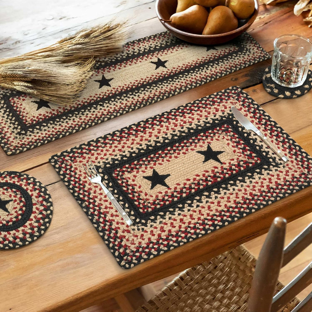 Homespice Apple Pie Braided Coasters for Country Decor, Round 4 Set of 6 | Red Absorbent Drink Coasters for Tabletop, Absorbs Moisture, Rich Colors, Durable and Easy to Clean