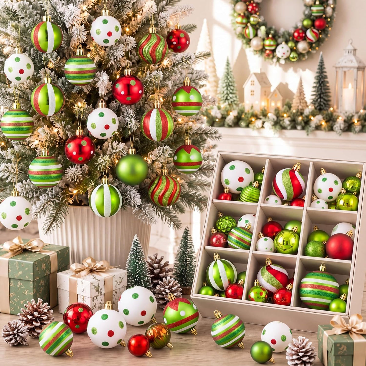 64 Pcs Neutral Christmas Ball Ornaments Brown Green White Xmas Bulbs | 1.57/1.97/2.36 Inch, Shatterproof Xmas Baubles, Assorted Size Modern Christmas Decoration, for Tree Home Indoor Holiday Decor