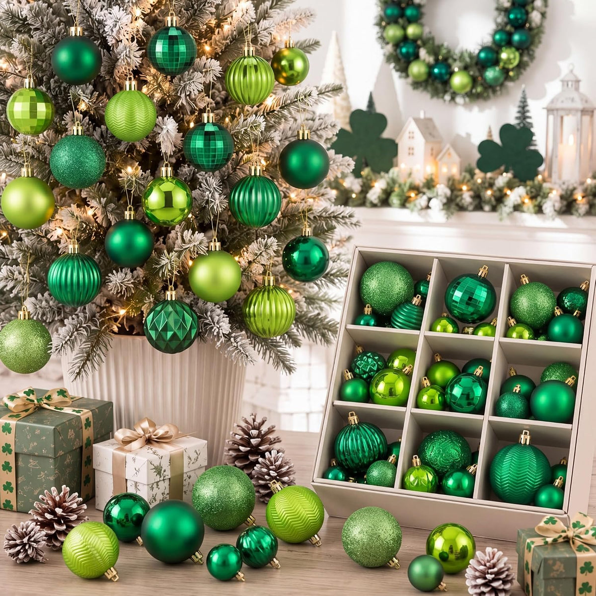 64 Pcs Neutral Christmas Ball Ornaments Brown Green White Xmas Bulbs | 1.57/1.97/2.36 Inch, Shatterproof Xmas Baubles, Assorted Size Modern Christmas Decoration, for Tree Home Indoor Holiday Decor