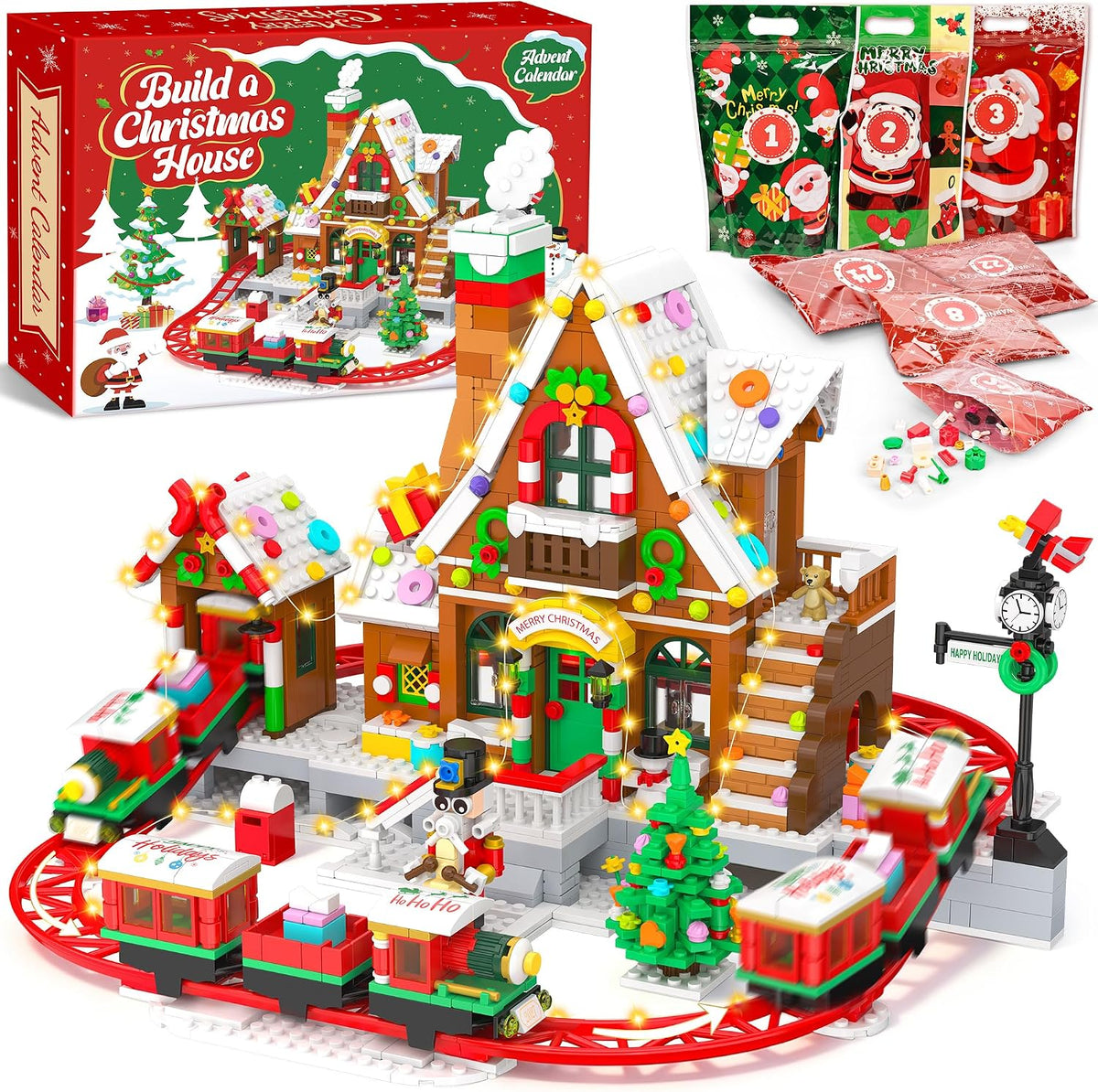 Advent Calendar 2026 Christmas Train House Building Blocks for Kids Adults | Christmas Countdown Calendar,Santa Claus,Tree, 24 Days Building Toy Kits With LED Lights for Adults 10 11 12+ Kids Girls Boys