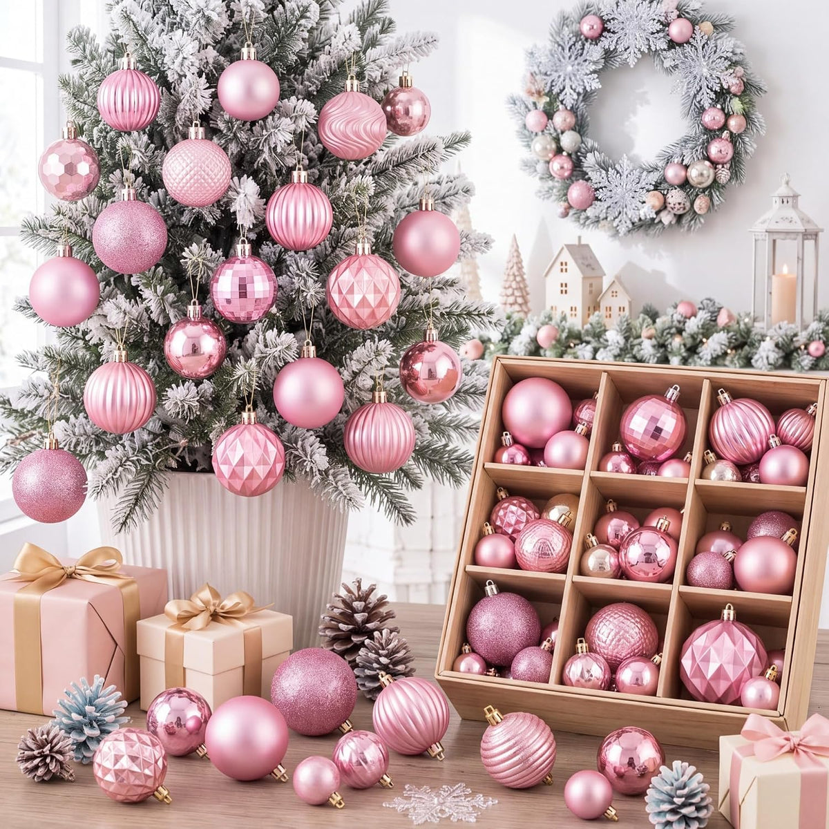 64 Pcs Neutral Christmas Ball Ornaments Brown Green White Xmas Bulbs | 1.57/1.97/2.36 Inch, Shatterproof Xmas Baubles, Assorted Size Modern Christmas Decoration, for Tree Home Indoor Holiday Decor