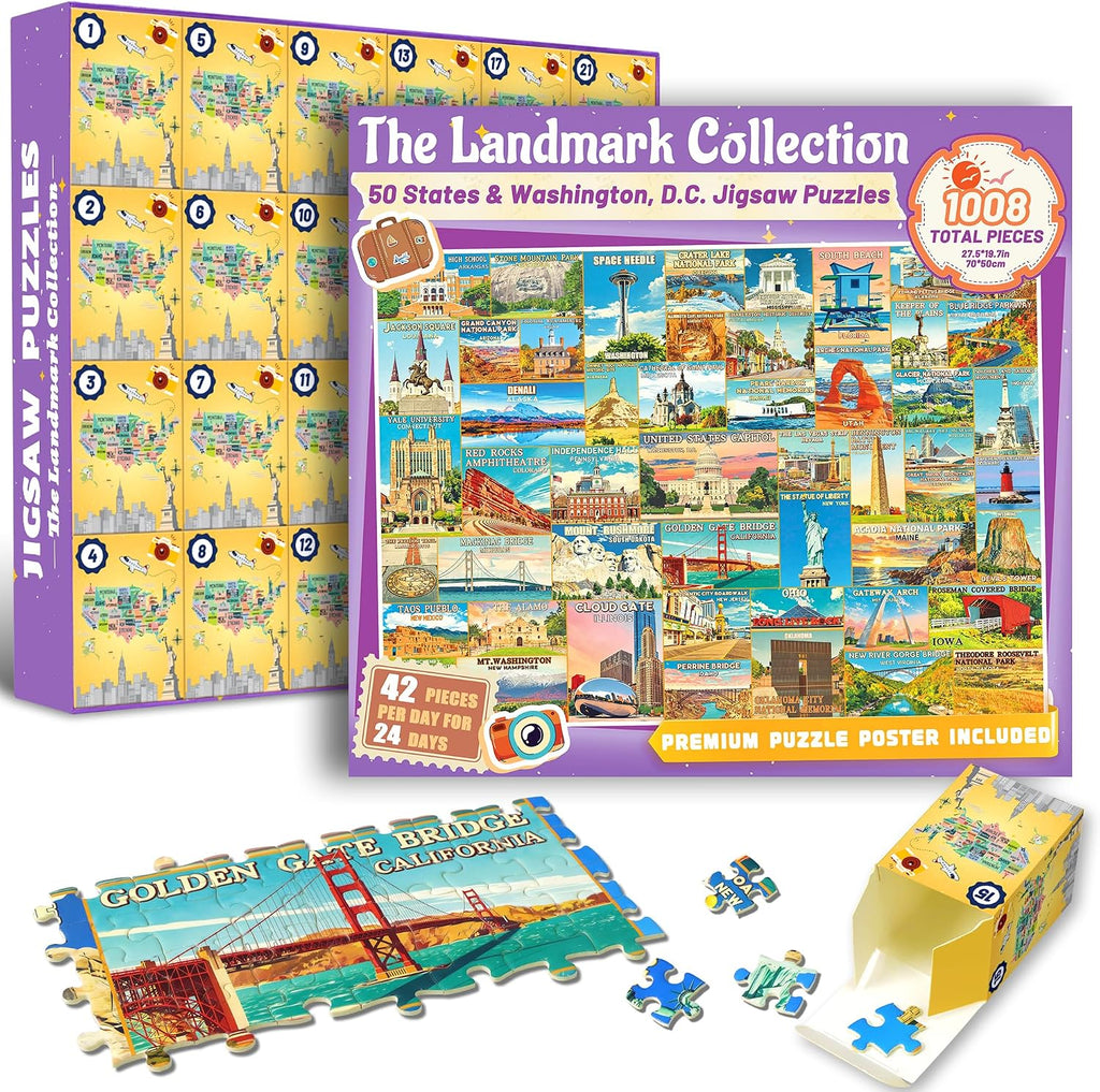 50 States & Washington, D.C. Puzzle Advent Calendar 2026, 1008 Pieces U.S. Iconic Landmarks Jigsaw Puzzles, Countdown to Christmas Travel Poster Design Puzzle for Adults/Kids
