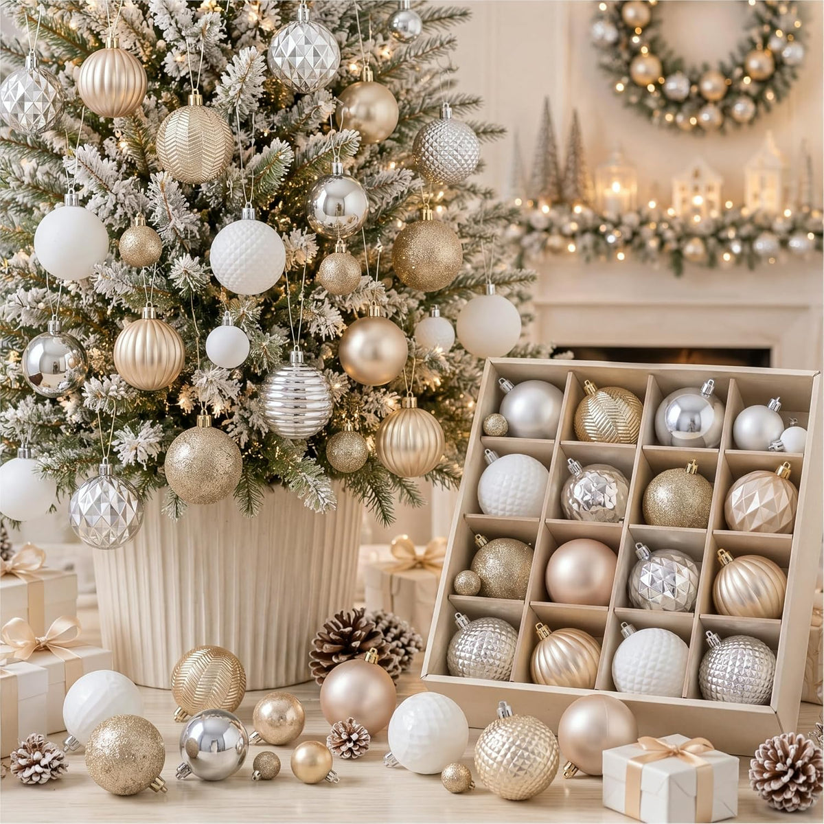 64 Pcs Neutral Christmas Ball Ornaments Brown Green White Xmas Bulbs | 1.57/1.97/2.36 Inch, Shatterproof Xmas Baubles, Assorted Size Modern Christmas Decoration, for Tree Home Indoor Holiday Decor