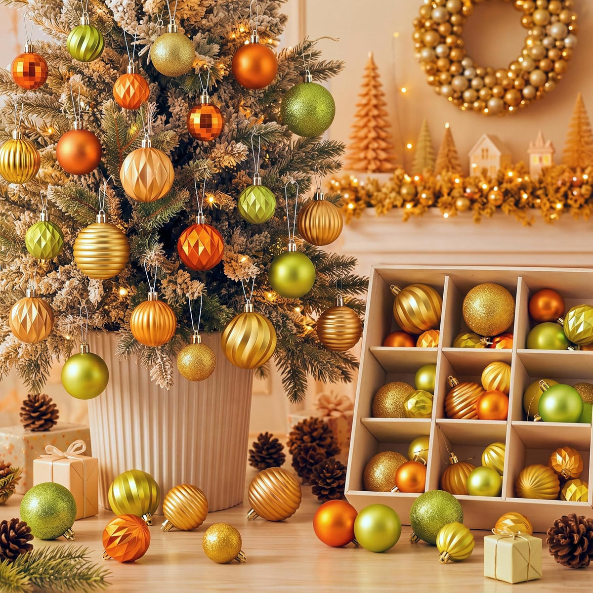 64 Pcs Neutral Christmas Ball Ornaments Brown Green White Xmas Bulbs | 1.57/1.97/2.36 Inch, Shatterproof Xmas Baubles, Assorted Size Modern Christmas Decoration, for Tree Home Indoor Holiday Decor