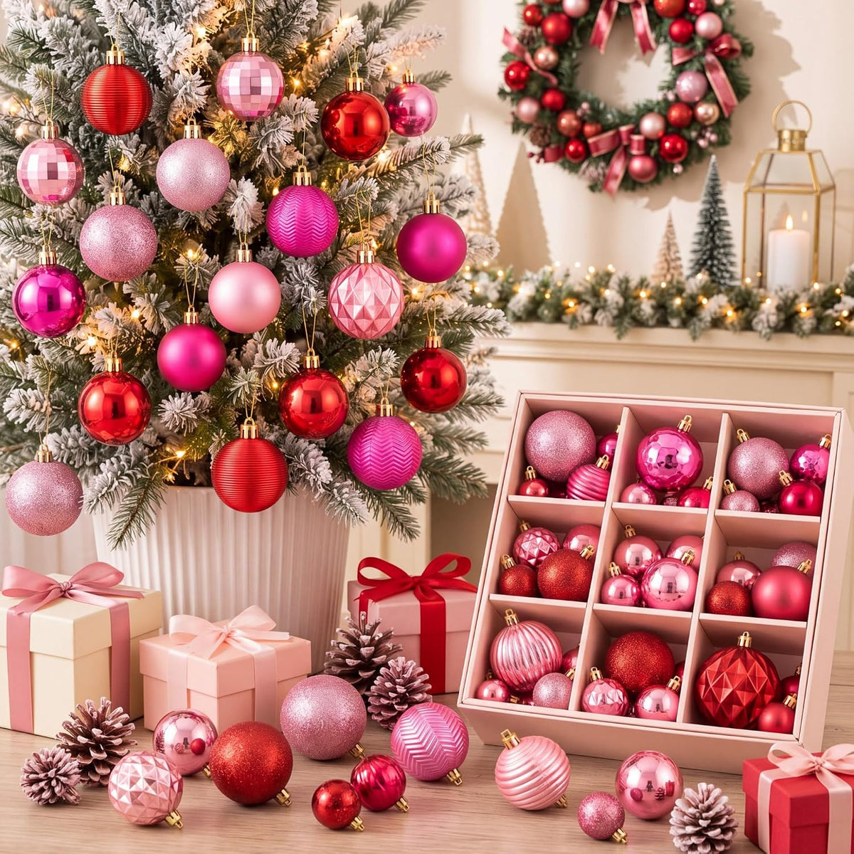 64 Pcs Neutral Christmas Ball Ornaments Brown Green White Xmas Bulbs | 1.57/1.97/2.36 Inch, Shatterproof Xmas Baubles, Assorted Size Modern Christmas Decoration, for Tree Home Indoor Holiday Decor