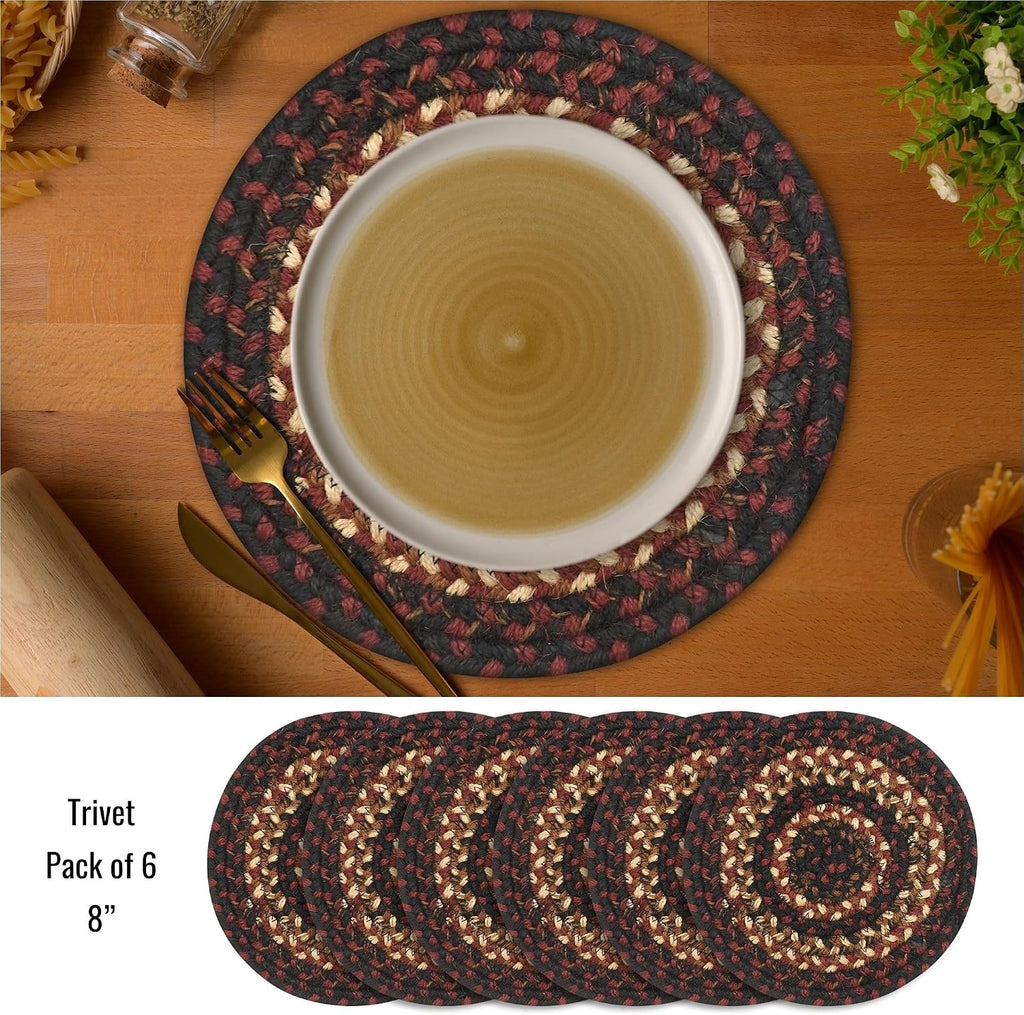 Homespice Apple Pie Braided Coasters for Country Decor, Round 4 Set of 6 | Red Absorbent Drink Coasters for Tabletop, Absorbs Moisture, Rich Colors, Durable and Easy to Clean