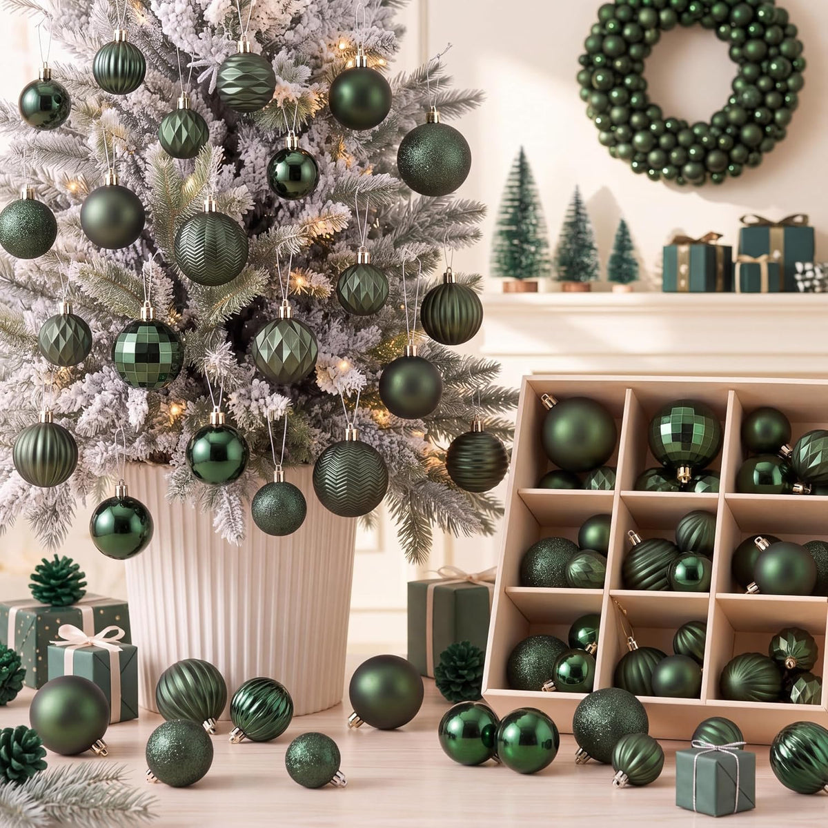 64 Pcs Neutral Christmas Ball Ornaments Brown Green White Xmas Bulbs | 1.57/1.97/2.36 Inch, Shatterproof Xmas Baubles, Assorted Size Modern Christmas Decoration, for Tree Home Indoor Holiday Decor