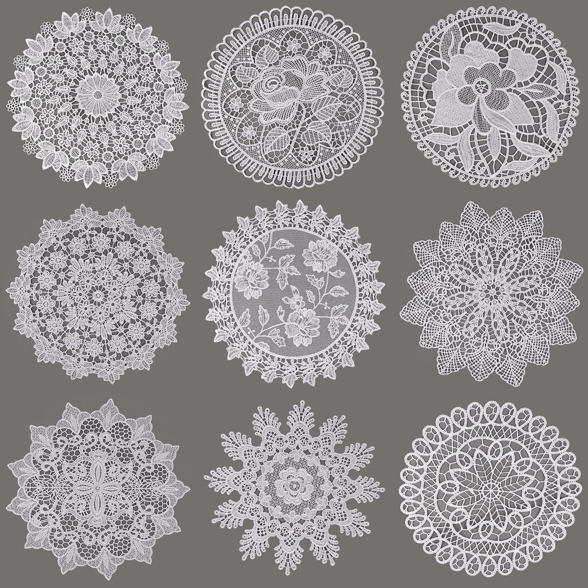 18 Pack 8 Inch White Lace Doilies, Embroidered Polyester Table Doilies | Round Rustic Vintage Placemats, Washable Lace Coasters for Kitchen Dining Room Christmas Winter Wedding Cup Vase Decoration