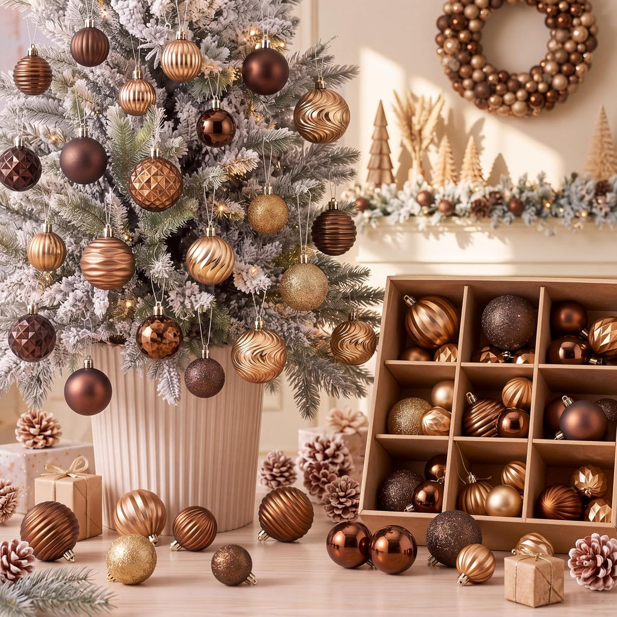 64 Pcs Neutral Christmas Ball Ornaments Brown Green White Xmas Bulbs | 1.57/1.97/2.36 Inch, Shatterproof Xmas Baubles, Assorted Size Modern Christmas Decoration, for Tree Home Indoor Holiday Decor